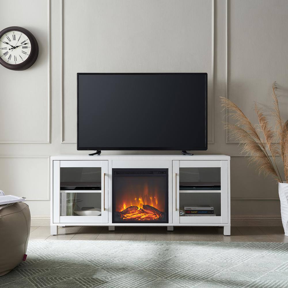 Elegant White 58" TV Stand with Integrated Fireplace and Storage Cabinets
