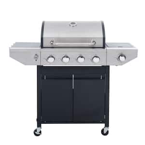 4-Burner Stainless Steel Portable Propane Gas Grill Barbecue Grill in Black with Side Burner and Thermometer