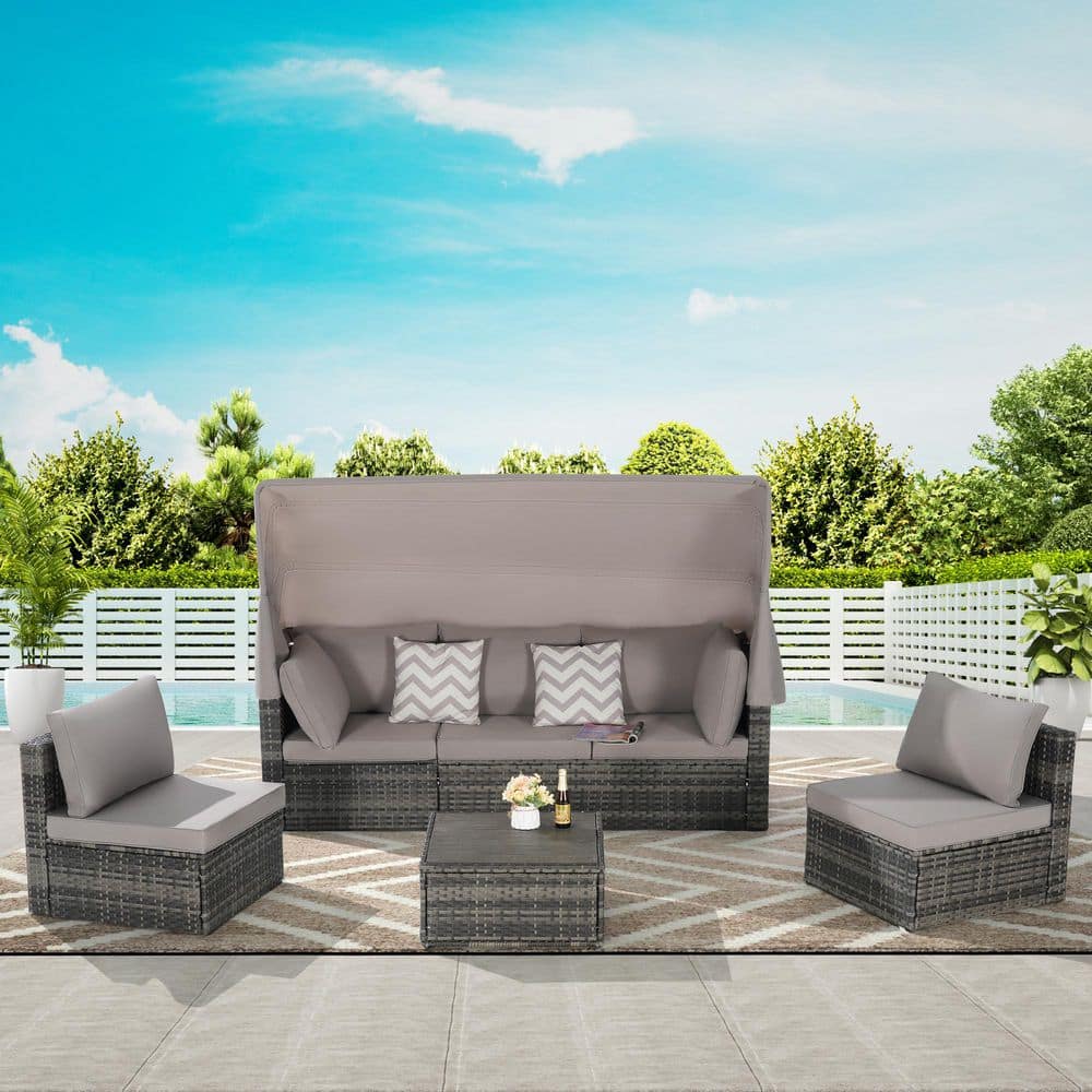 5-Pieces Light Gray Wicker Outdoor Patio Day Bed Furniture Set with Retract