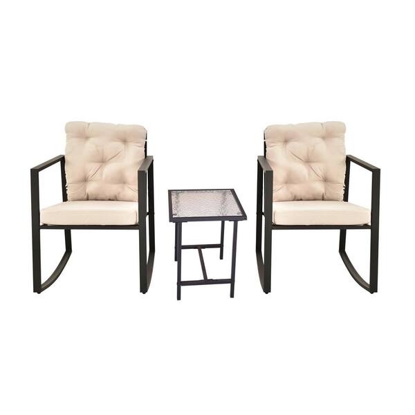 SUGIFT 3-Piece Metal Patio Conversation Sets with Rocking Chair and Beige Cushion