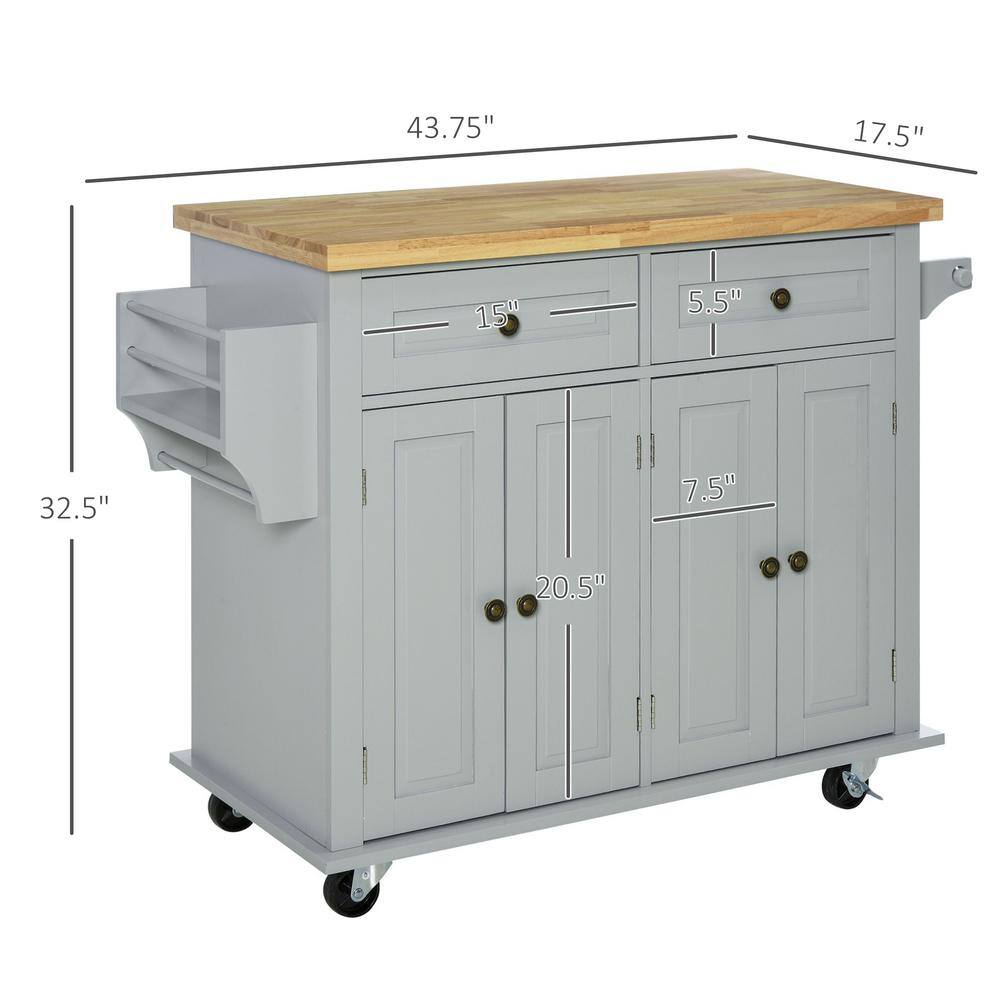 Gray Wood Kitchen Cart with Butcher Block Top and Spice Rack