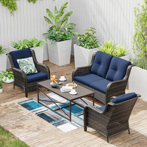 JOYSIDE 4-Piece Wicker Patio Conversation Set and Chairs with Blue Cushions and Brown Steel Table