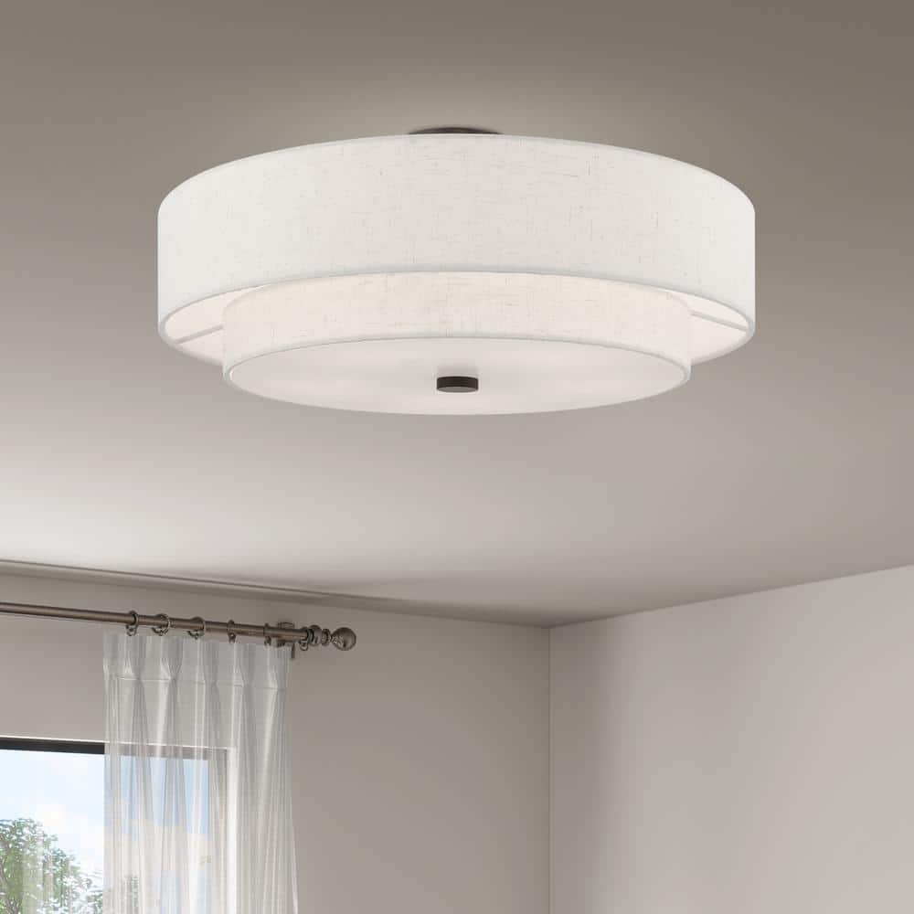 English Bronze Double Drum Semi-Flush Mount Light