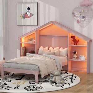 Pink Wood Frame Twin Size Platform Bed with Built-In LED Lighting, House-Shaped Headboard with Shelves