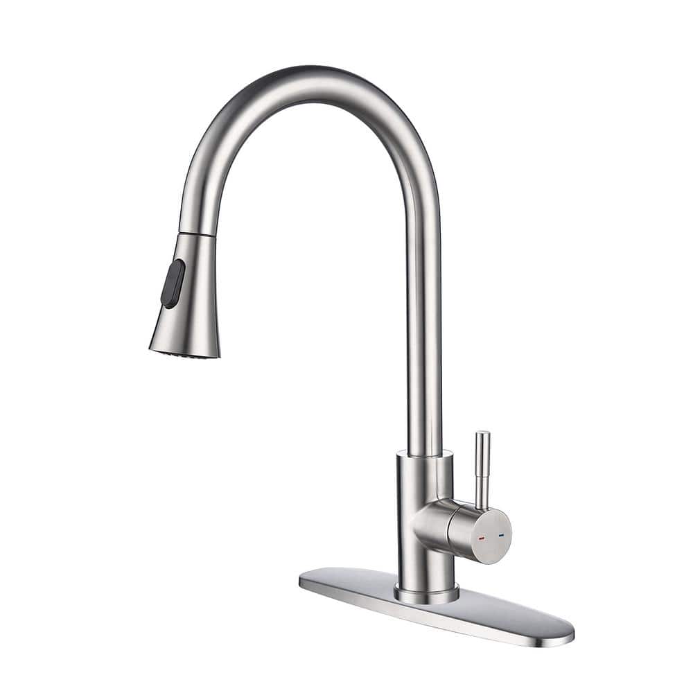 Single Handle Pull Down Sprayer Kitchen Faucet with Deck Plate in Brushed N