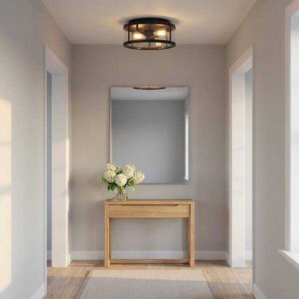 Lumra 13 in. W Midnight Black Transitional 2-Light Dimmable Flush Mount Light with Clear Glass Diffuser