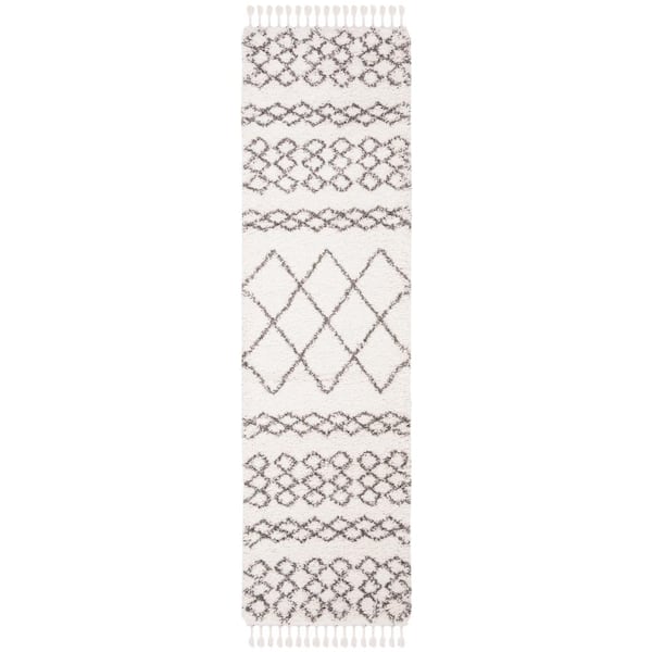 Moroccan Fringe Shag 2 ft. x 6 ft. Ivory/Gray Tribal Striped Diamonds Runner Rug