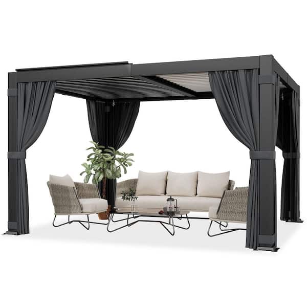 12 ft. W x 10 ft. D Aluminum Pergola with Adjustable Louvered Roof Waterproof Curtains and Nets