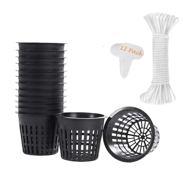 3 in. Plastic Mesh Net Pots Cups with Watering Wicks and Plant Labels for Hydroponics and Vegetable Gardening (12-Pack)