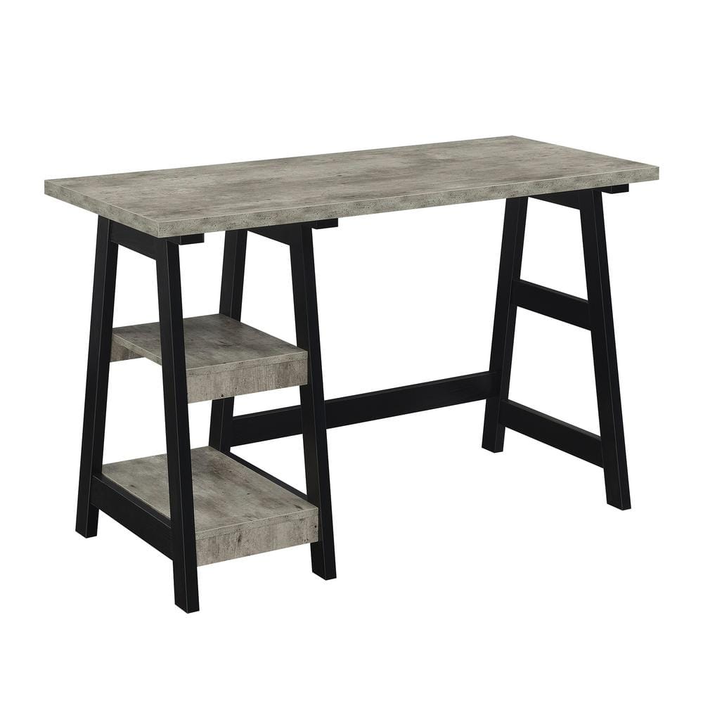 Gray Faux Birch and Black Trestle Desk with Shelves