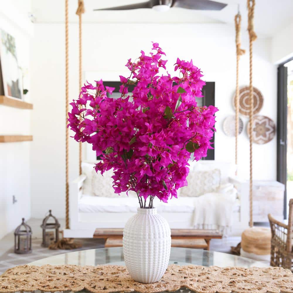 White Ceramic Vase with Purple Bougainvillea Floral Arrangement