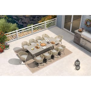 11-Piece Aluminum All-Weather PE Rattan Rectangular Outdoor Dining Set with Cushion, Champagne