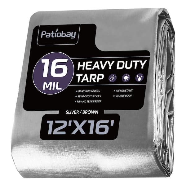 Angel Sar 12 ft. x 16 ft. 16 Mil Heavy Duty Waterproof 420D Plastic Tarp with 23.6 in. Grommets for Outdoor, Sliver and Brown