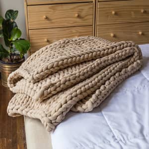 Chunky Knitted Taupe Acrylic Throw Blanket