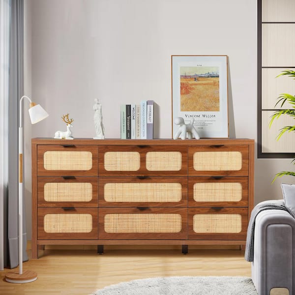 ATHMILE Walnut Wooden Rattan Woven 9-Drawer Storage Dresser Cabinet  (15.55 in. D x 58.5 in. W x 31.49 in. H)