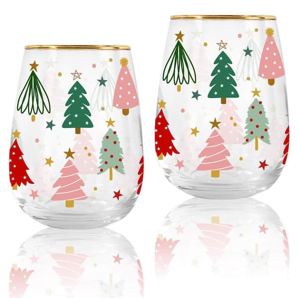 17 oz. Christmas Stemless Wine Glasses with Gold Rim (Set of 2) Boho Christmas Tree Drinking Glasses