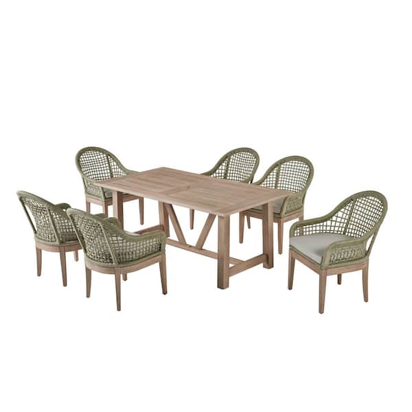 Richard Rustic Light Oak 7-Piece Acacia Wood Rectangle Standard Height Outdoor Dining Set with 6 Cushion Wicker Chairs