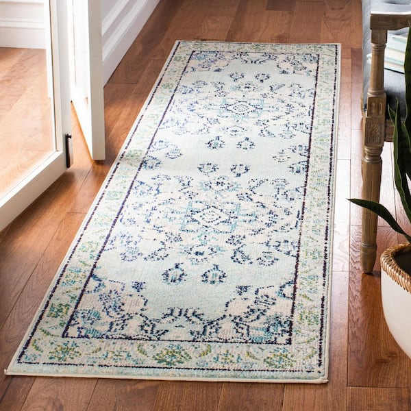 Monaco Light Blue/Ivory 2 ft. x 12 ft. Distressed Border Medallion Runner Rug