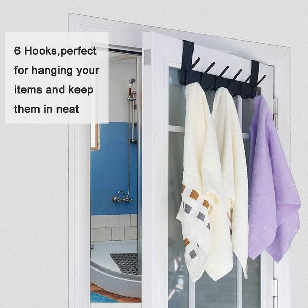 Over The Door Hook Door Hanger, Over The Door Towel Rack with 6 Coat Hooks  for Hanging, Black