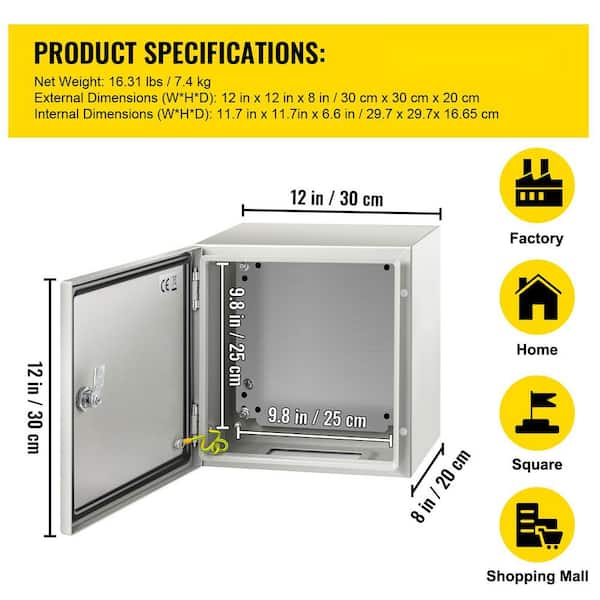 Electrical Enclosure 12 in. x 12 in. x 8 in. NEMA 4X Carbon Steel Outdoor and Indoor Use Electrical Junction Box, Gray