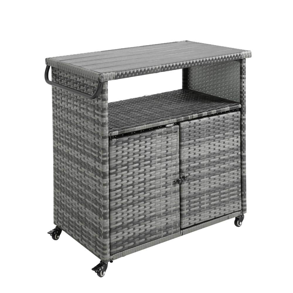 Outdoor Steel Patio Wine Serving Cart with Wheels Rolling Rattan Beverage C