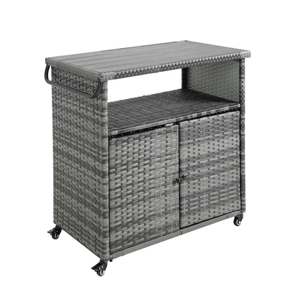 Unbranded Outdoor Steel Patio Wine Serving Cart with Wheels Rolling Rattan Beverage Counter Table, Aqua Grey