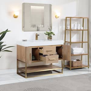 Bianco 42 in. W x 22 in. D x 34 in. H Single Sink Bath Vanity in Light Brown with White Composite Stone Top and Mirror