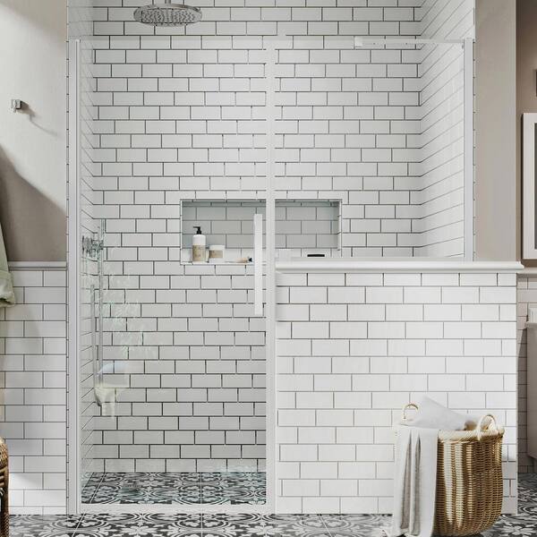 OVE Decors Pasadena 57-7/16 in. W x 72 in. H Pivot Frameless Shower Door in Chrome with Buttress Panel