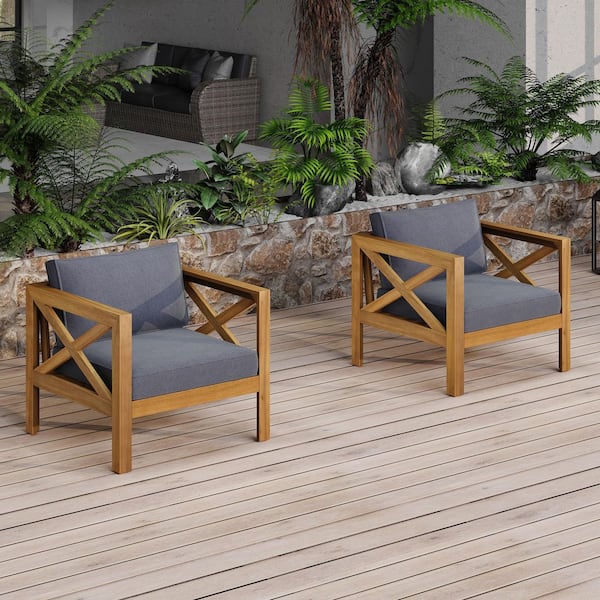 Acacia Wood Outdoor Lounge Chair with Dark Grey Cushions (Set of 2), Teak Finish