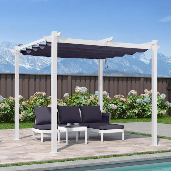 10 ft. W x 10 ft. D Modern White Aluminum Pergola with Navy Blue Adjustable Sun Shelter Canopy and Extra Protective Roof