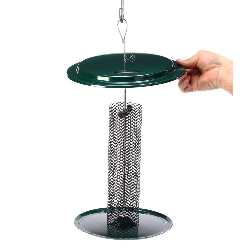 Green Metal Hanging Tube Bird Feeder with Seed Tray