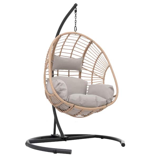 Natural Wicker Patio Swing Egg Chair Indoor Outdoor Lounge Chair Hanging Egg Chair with Stand and Beige Cushions