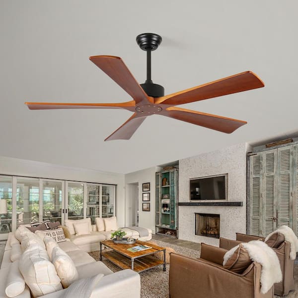 60 in. Indoor/Outdoor Wood Ceiling Fan with Remote Control, Mid Century Modern Wooden Fan, 5 Blades DC Motor