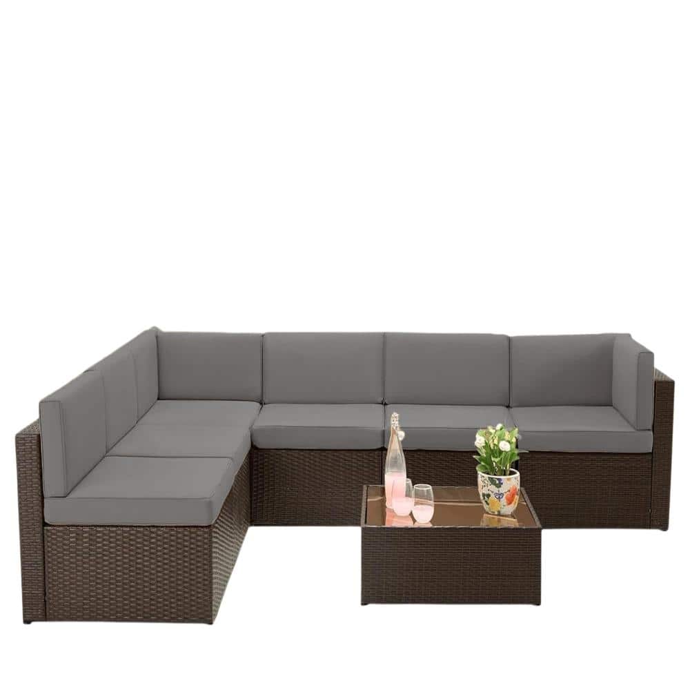 Brown 7-Piece Wicker Outdoor Sectional Set with Dark Gray Cushion