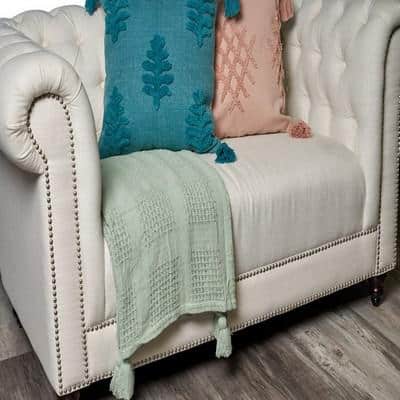 Jade Green Organic Cotton Woven Throw Blanket with Tassels