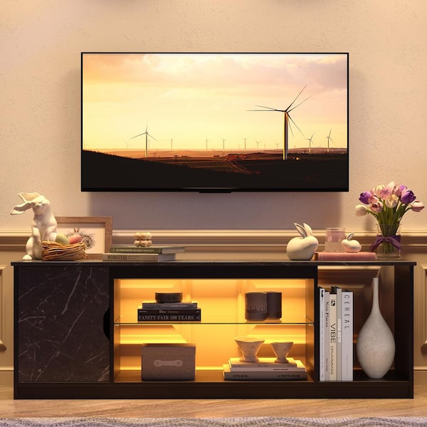 Bestier 58.3 in. Black Marble Color Gaming TV Stand Fits TV's up to 65 in. with LED Lights Glass Shelves and Storage Cabinet