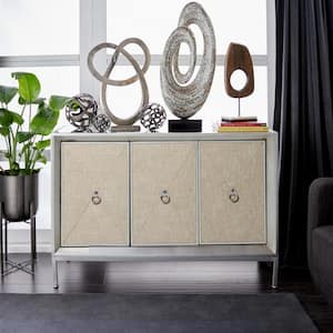 Gray Wood Upholstered Front Panel 1 Shelf and 3 Doors Cabinet with Mirrored Top and Ring Handles