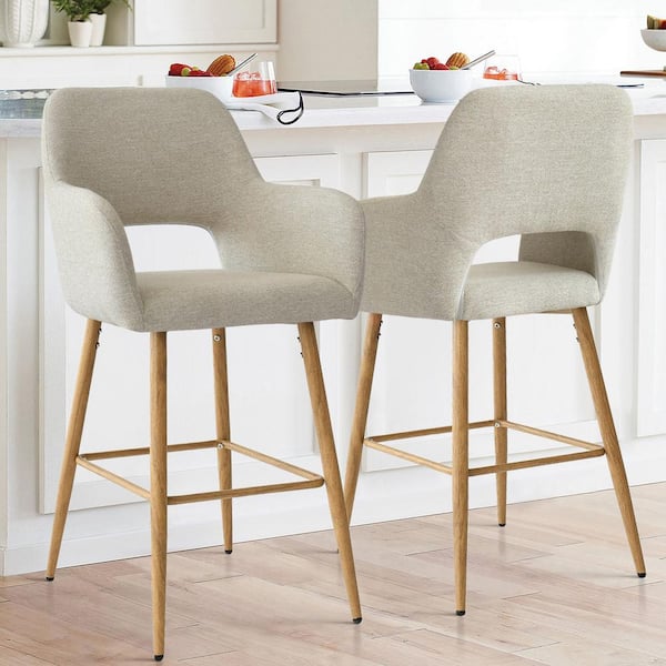 Upholstered 25.5 in. Beige Counter Stool Metal Frame with Arm (Set of 2)