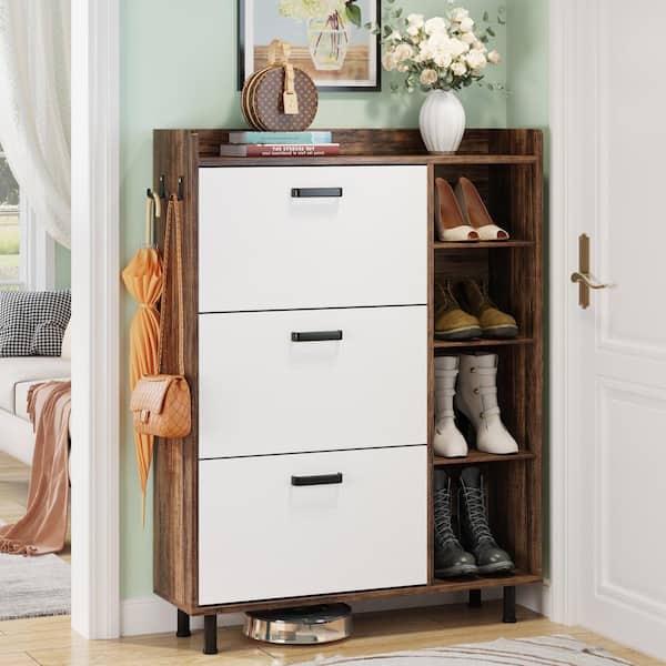Walnut & Gray Modern Shoe Cabinet with 5 Shelves 2 Drawers 2 Doors Entryway  Shoe Storage