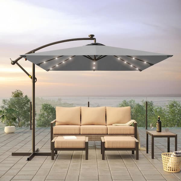 Sonkuki 8.2 ft. x 8.2 ft. Patio Offset Cantilever Umbrella with LED Lights, Rectangular Canopy, Steel Pole and Ribs in Gray