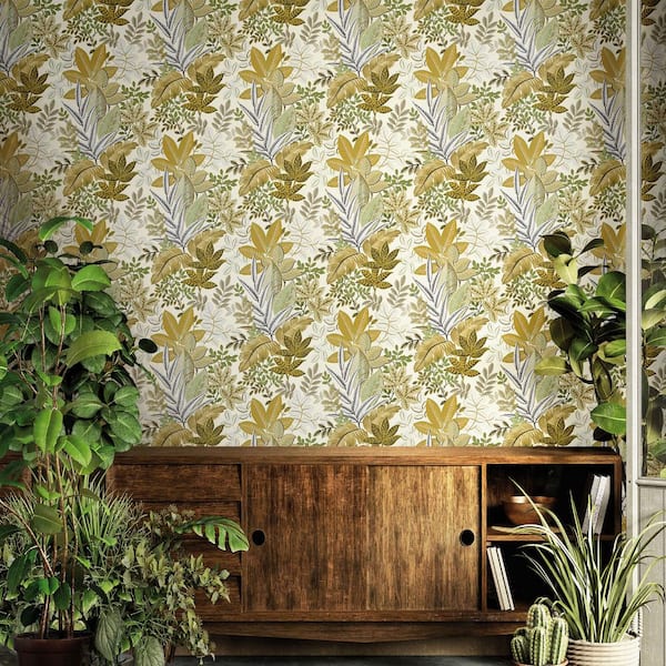 Into The Wild Yellow Metallic Leaf Foliage Non-Pasted Non-woven Paper Wallpaper Roll