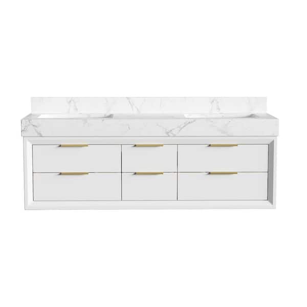 Solidoak 60 in. W x 20.9 in. D x 21.3 in. H Double Sink Bath Vanity in White with White Cultured Marble Top, night light