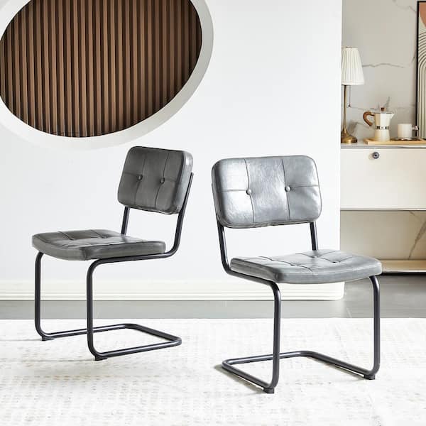 Unbranded Set of 2 Gray PU Leather Upholstered Armless Dining Chair with Black Metal Legs for Kitchen, Dining Room, Living Room