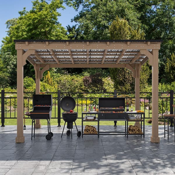 VEIKOUS 12 ft. W x 10 ft. D Wooden Grill Gazebo Outdoor with Steel Roof