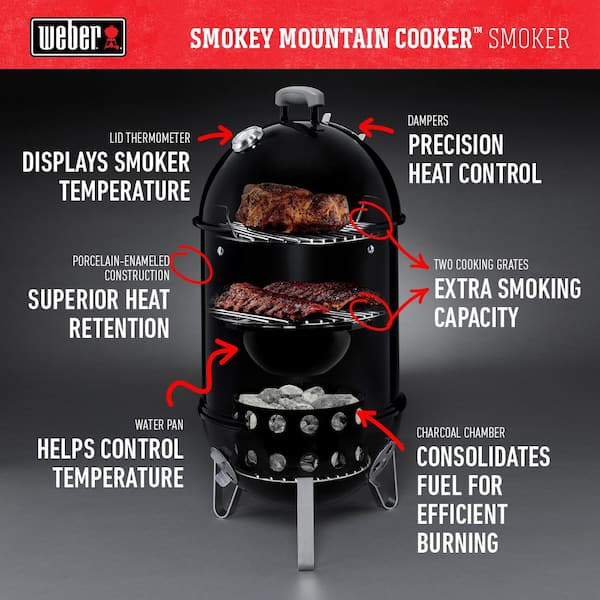 Weber 14 in. Smokey Mountain Cooker Smoker in Black with Cover and 
