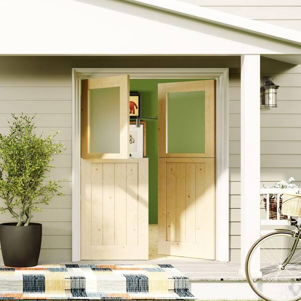 64 in. x 80 in. 1/2 Lite, Universal, Frosted Glass, Dutch Door, Solid Pine Wood, Light Brown Primed Wood Front Door Slab