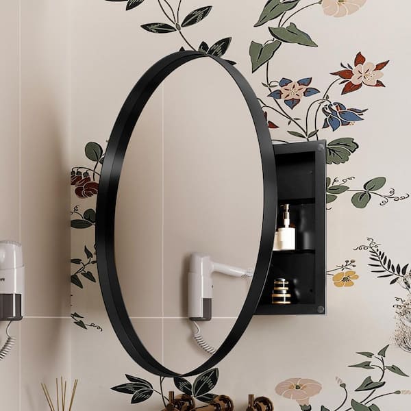 31.5 in. W x 31.5 in. H Black Round Metal Framed Recessed/Surface Mount Medicine Cabinet with Mirror