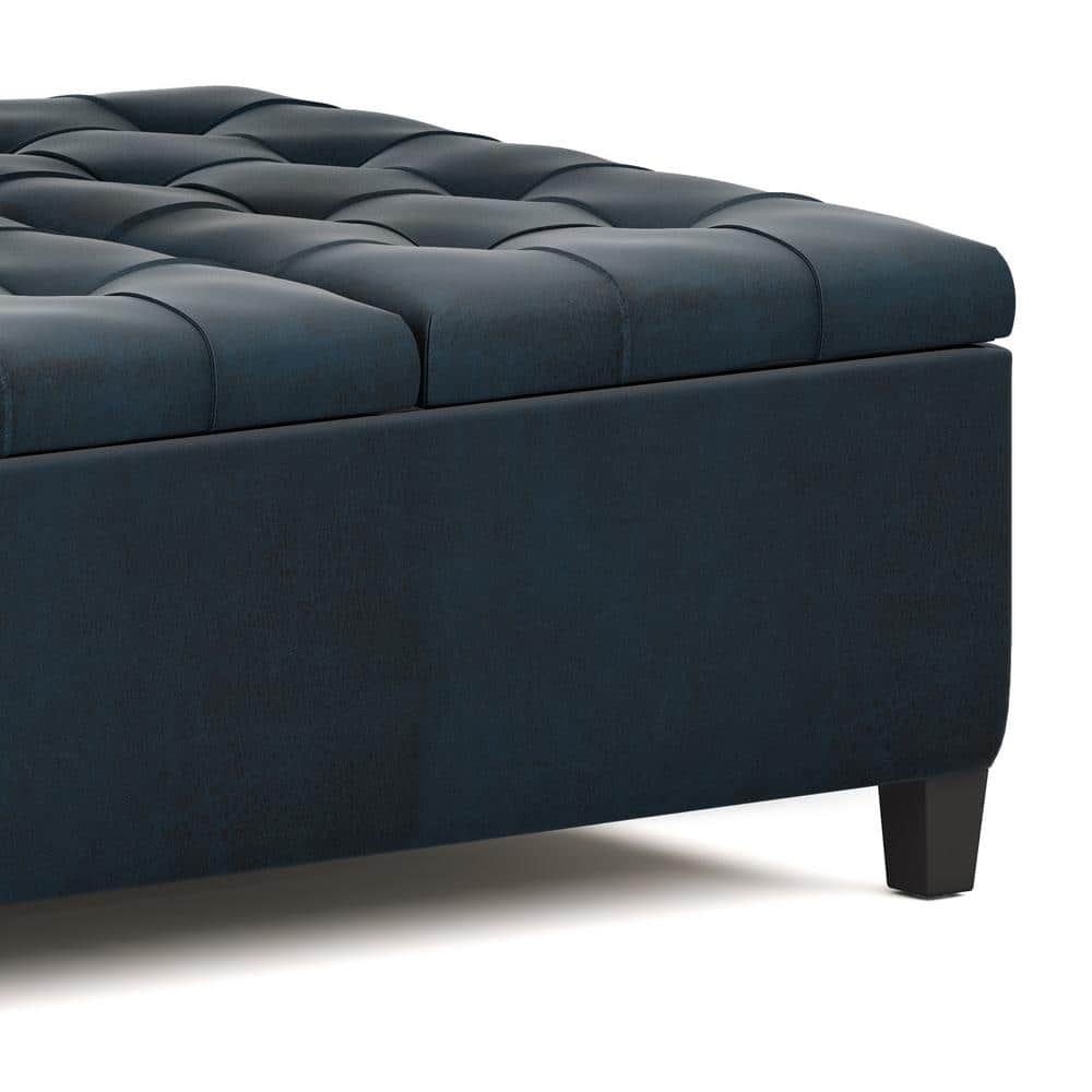Distressed Dark Blue Tufted Faux Leather Cocktail Ottoman