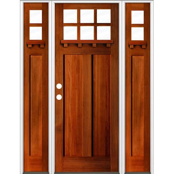 Krosswood Doors 64 in. x 96 in. Craftsman 6-Lite Clear Glass Right Hand Red Chestnut Stain Hemlock Wood Prehung Front Door w/ DSL and DS