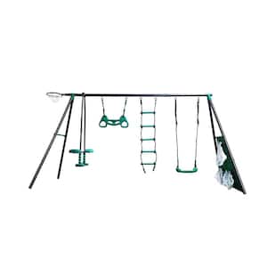 4-in-1 Green Metal Outdoor Swing Set with Swing Seats, Climbing Ladder